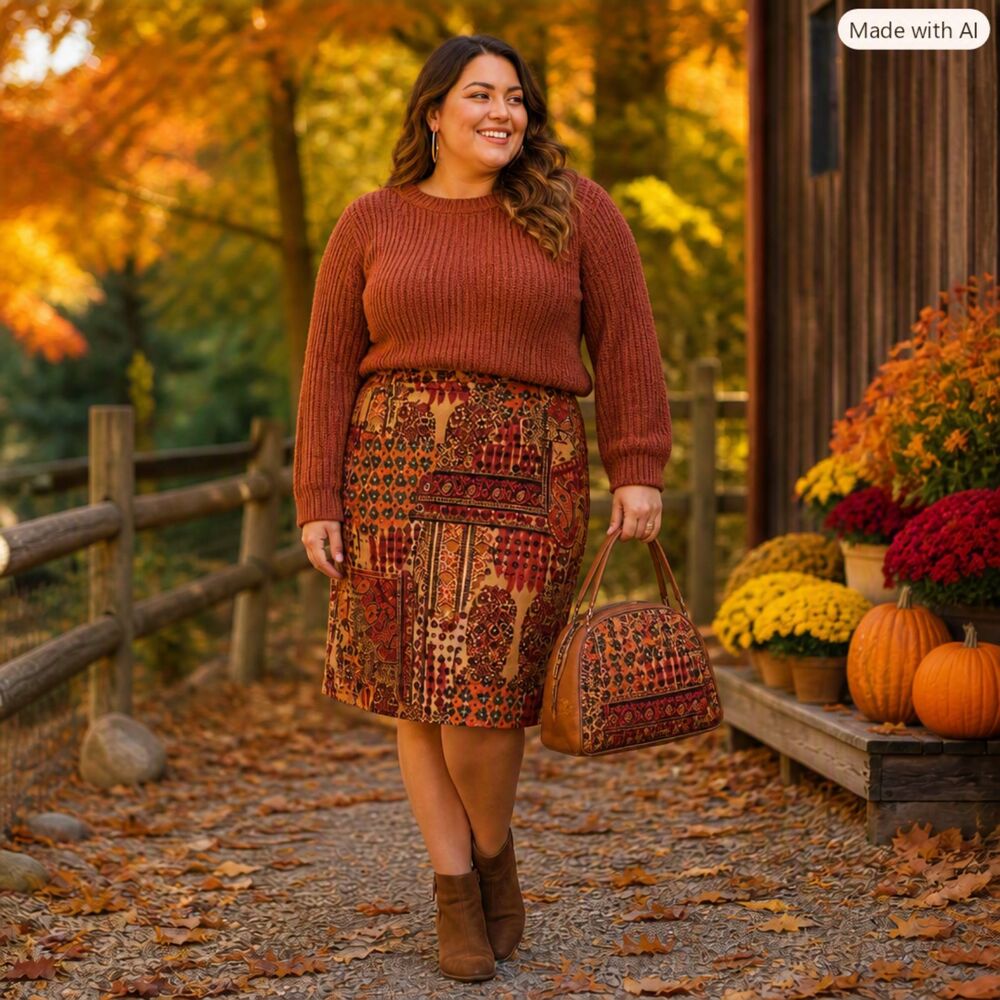 LuLaRoe Cassie Rust Brown Patchwork Pencil Skirt – Size Large Fall Boho